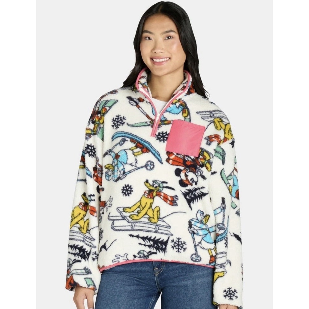 Disney Mickey Mouse & Friends Winter Sports Fleece 1/4 Zip Pullover Size S Jrs